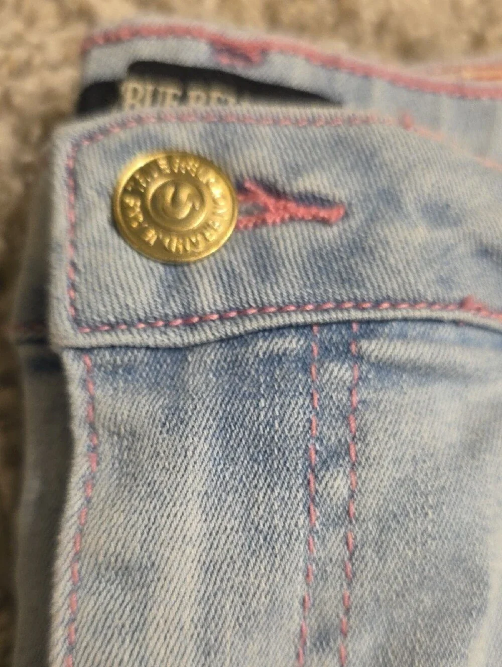 NWT True Religion Light Wash Denim Mini Skirt w/ Pink Stitching